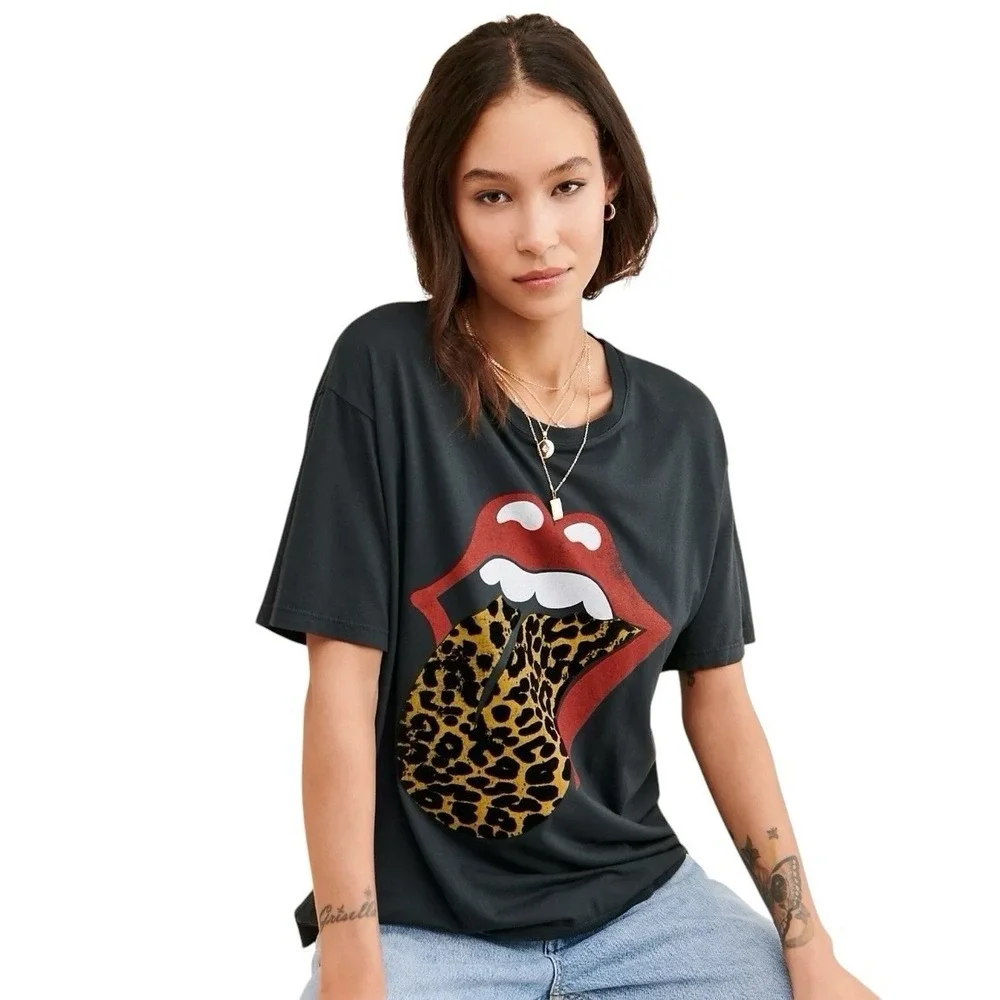 Daydreamer For Free People Rolling Stones Flocked Leopard Tongue Tee Shirt Small
